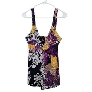 Tahari Black Purple Artsy Y2K Babydoll Stretchy Summer Flowy Tank Top Size‎ M